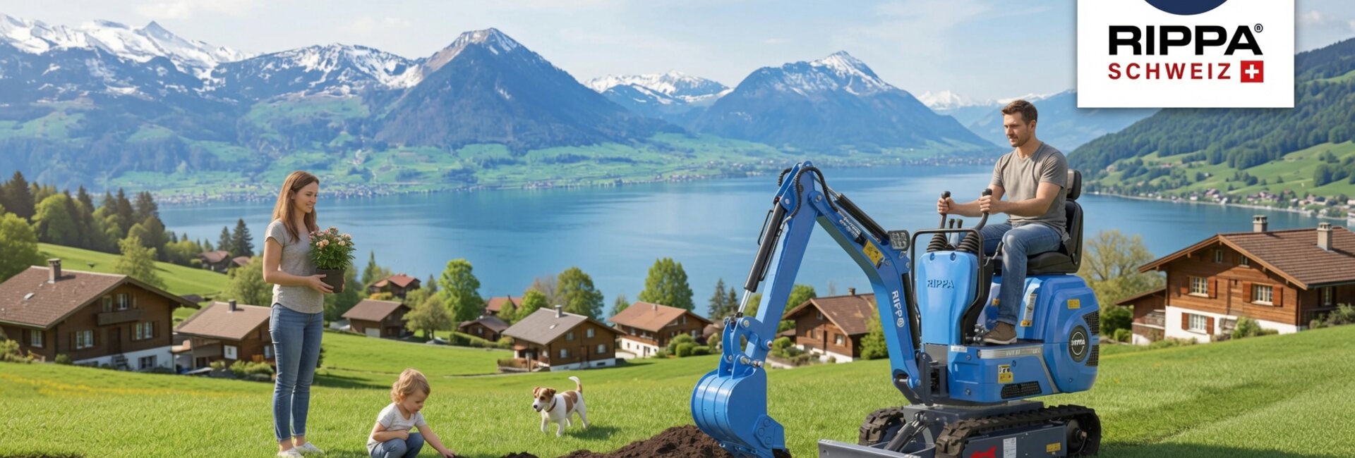 Rippa mini excavators in Switzerland — family and digger by Lake Lucerne, Gersau