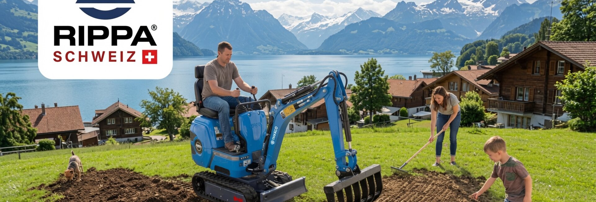 Rippa R06 ECO mini excavator in Gersau — smallest Kubota mini excavator with rake by the lake