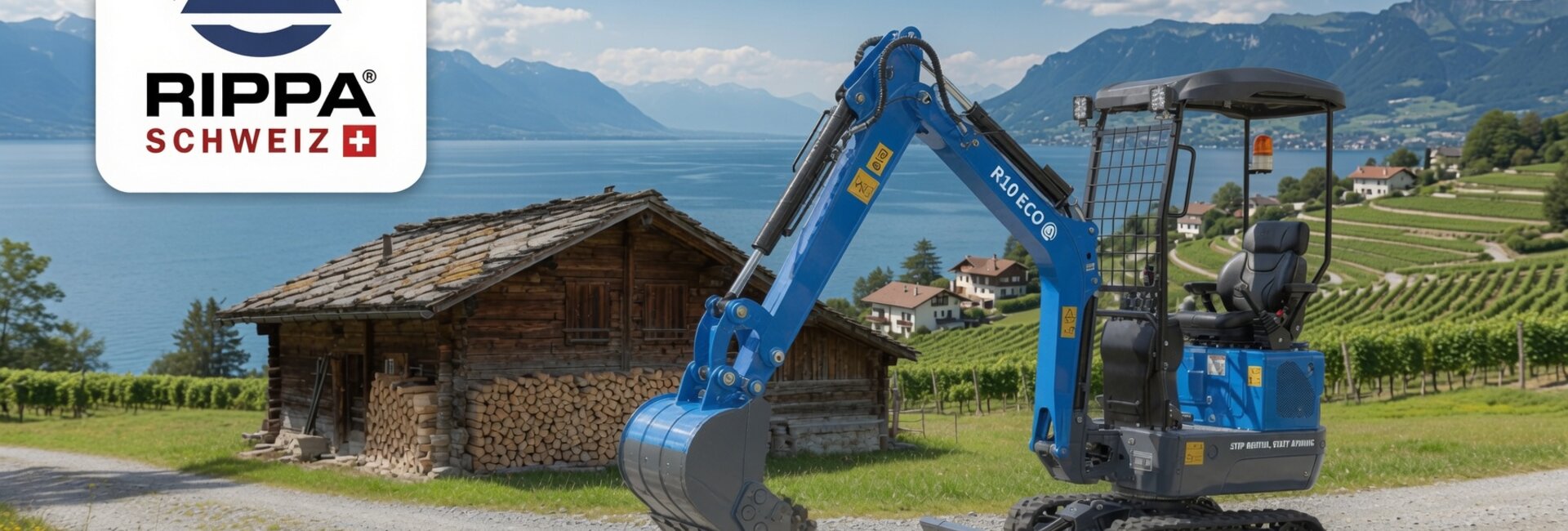 Rippa R10 ECO mini excavator by Lake Geneva — gravel work in the Swiss countryside