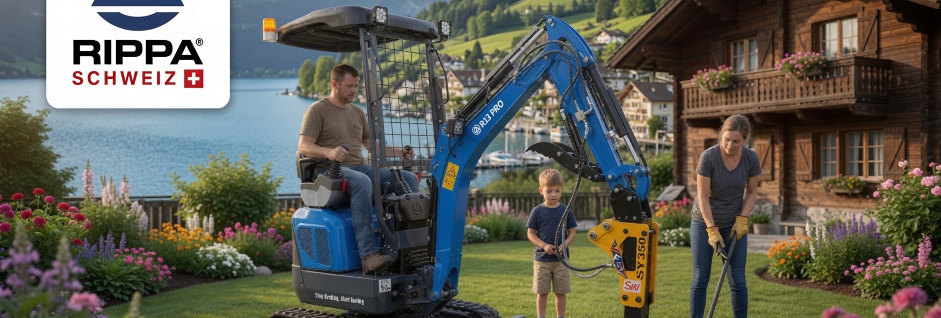 Rippa R13 PRO mini excavator by Lake Lucerne — hydraulic hammer in the garden, Gersau