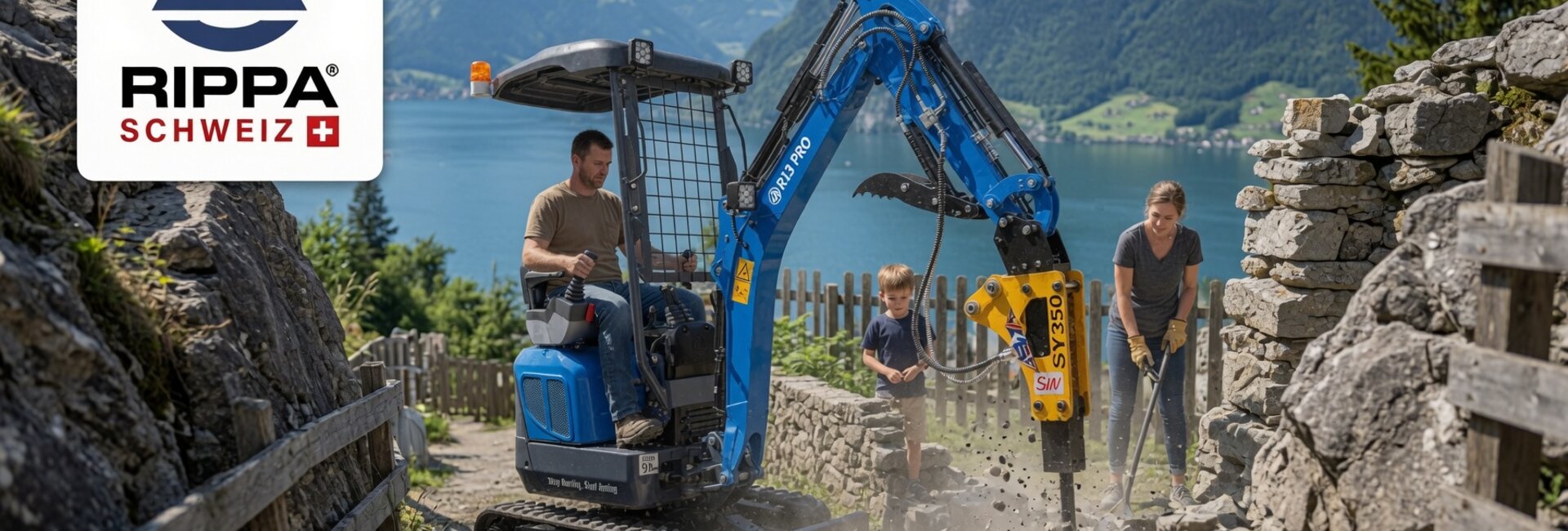 Rippa R18 PRO mini excavator on an alpine track in Gersau — professional use in the Swiss Alps